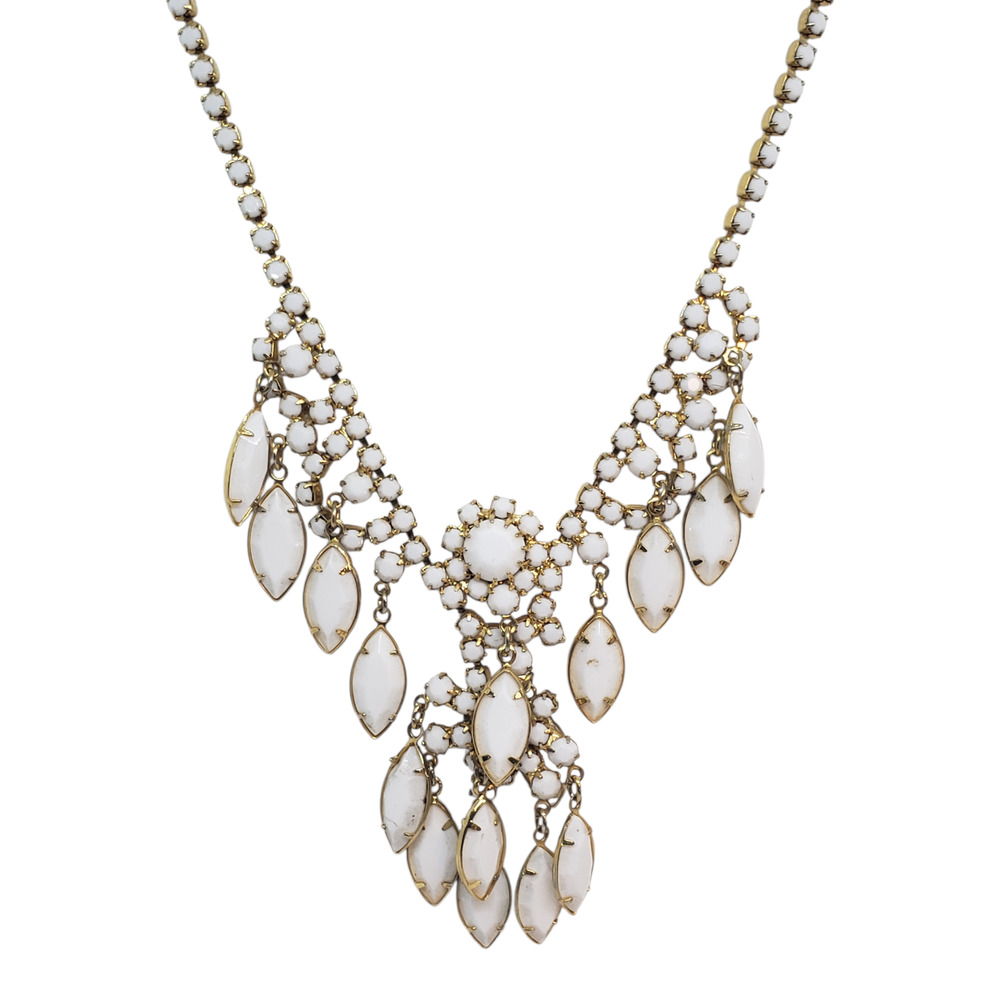 Vintage Gold White Milk Glass Bib Necklace Long Dangle Statement 1950 Retro
